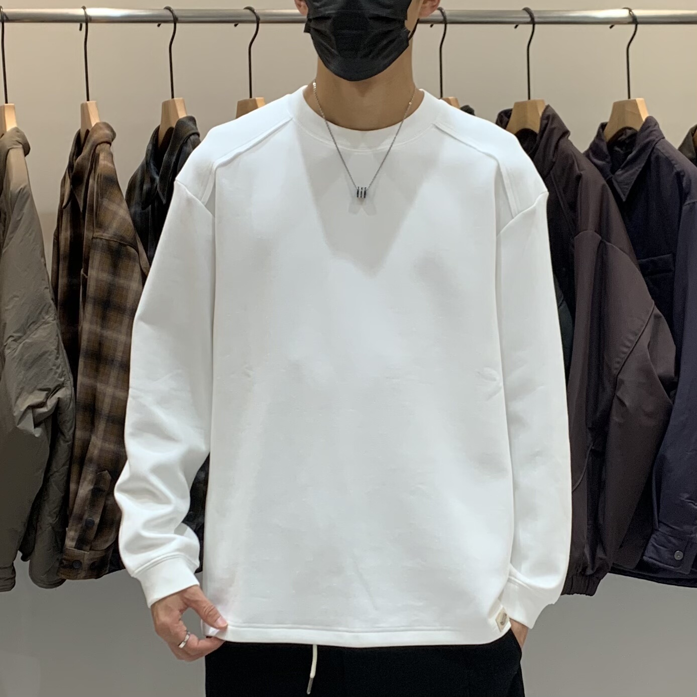 冬季韩版男士圆领加绒卫衣百搭潮流日系休闲纯色高级感宽松打底衫