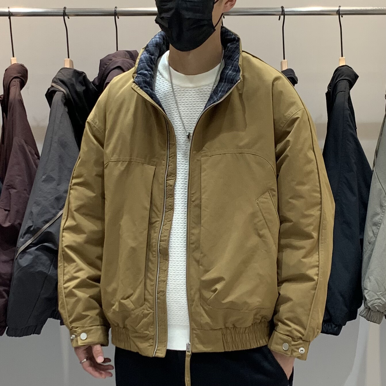 冬季男士立领羽绒服百搭潮流日系工装拼接格子时尚痞帅保暖羽绒衣