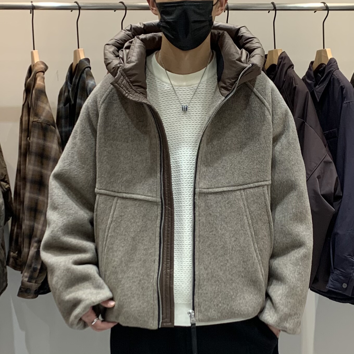 冬季男士连帽羊毛呢子羽绒服百搭潮流美式时尚拼接痞帅保暖羽绒衣