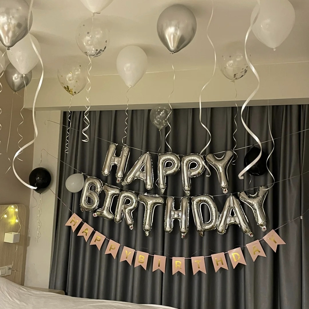 ins风银色主题生日派对布置男生女朋友生日气球浪漫背景场景装饰