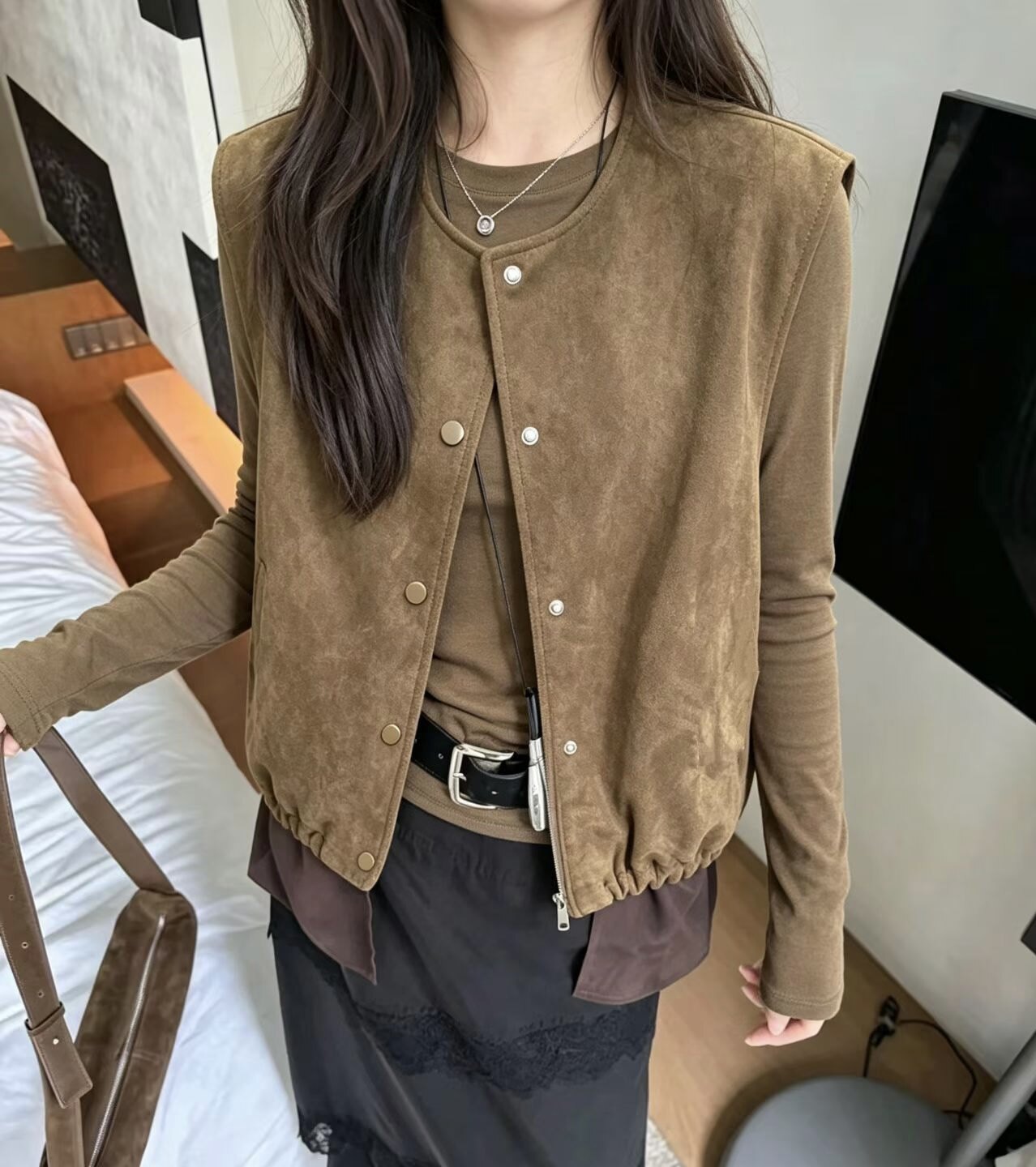 I+now日系女装2026秋季新款时尚百搭鹿皮绒马甲女