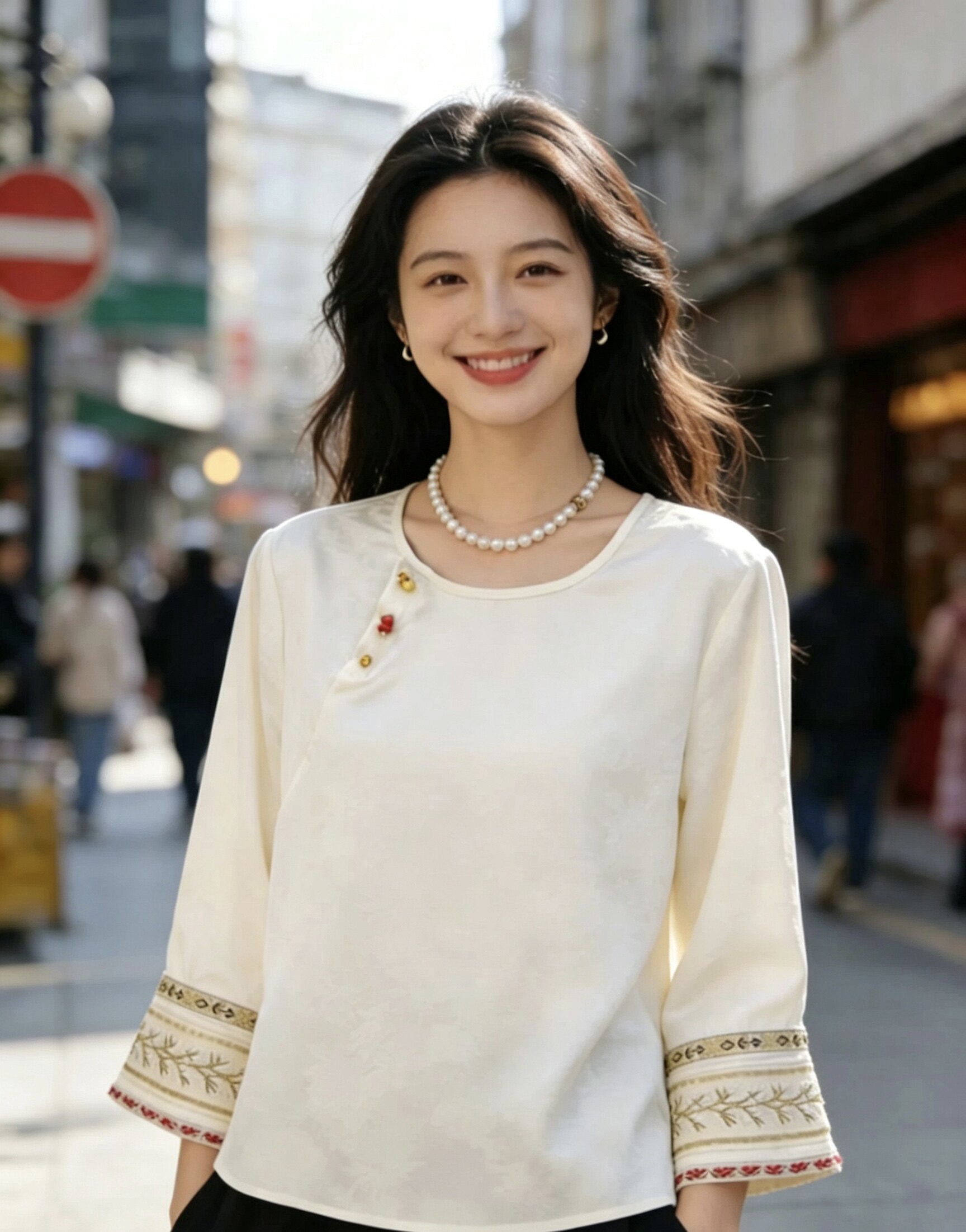 I+now日系女装2026秋季新款国风圆领七分缎面提花袖口刺绣上衣女