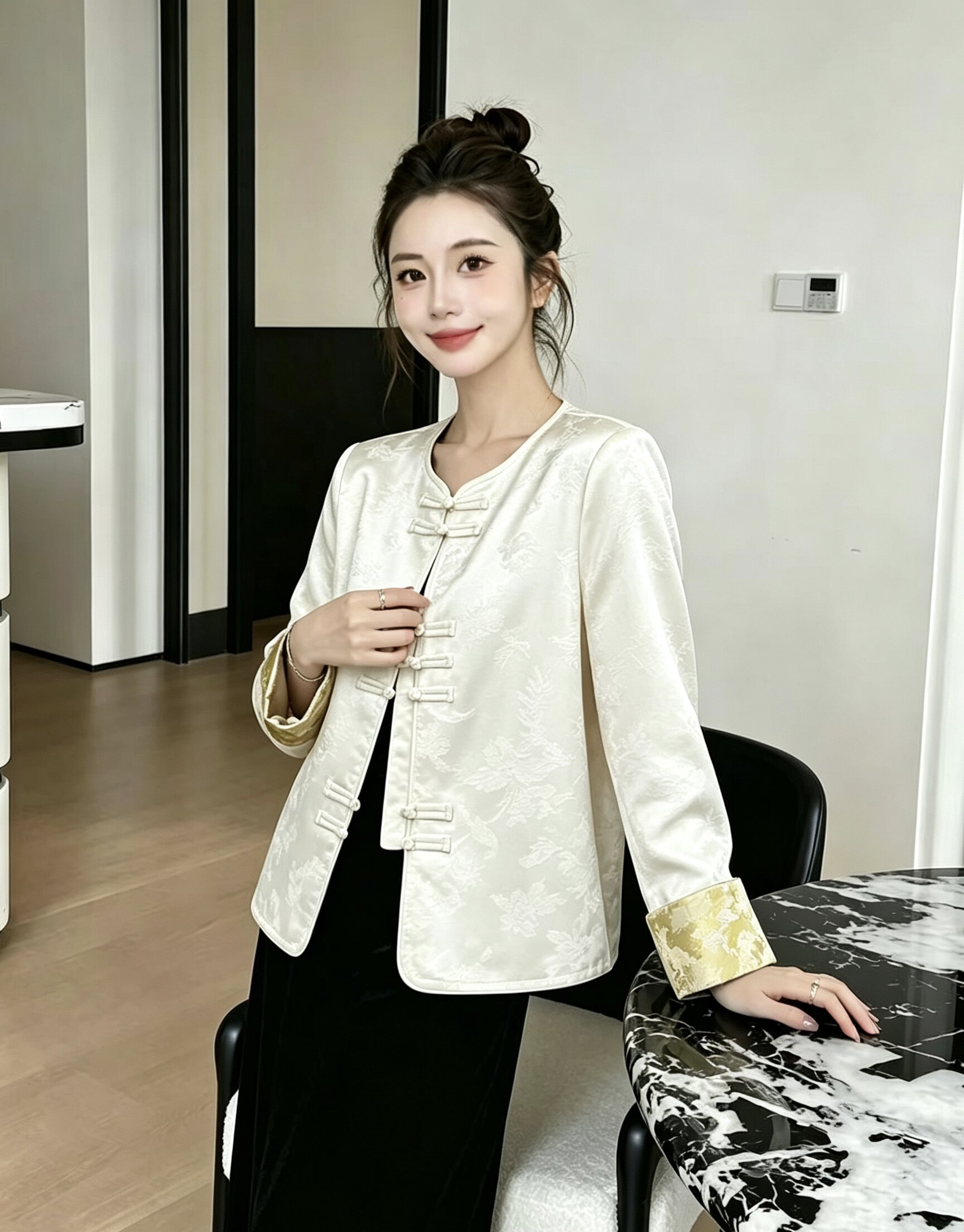 i+now日系女装2026秋季新款时尚百搭国风盘扣印花翻袖外套女
