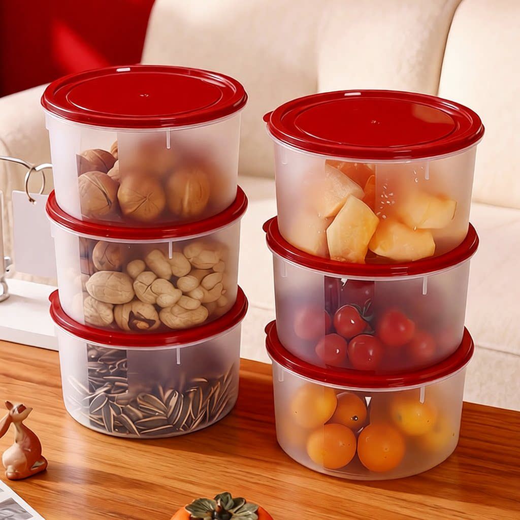 6个大号装 塑料圆形保鲜盒过年红色收纳盒干果零食储存盒保鲜碗