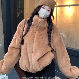 棉服加厚冬季 保暖外套立领棕色2024小个子毛绒 宽松毛毛女夹克新款