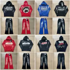 Foreign Trade Fashion Trend ins Hell Star Retro Print Set High Street Unisex Loose Hooded Sweatshirt Casual Pants