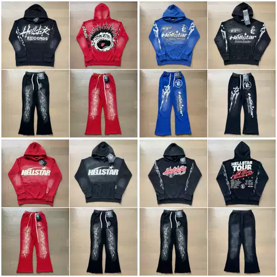 Foreign Trade Fashion Trend ins Hell Star Retro Print Set High Street Unisex Loose Hooded Sweatshirt Casual Pants