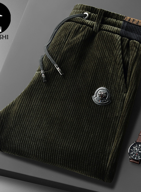 2024冬季灯芯绒休闲裤子中老年条绒墨绿色厚款百搭加绒大码弹力男