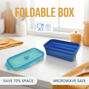 【送餐具】Blue Silicone Lunch box欧标硅胶折叠饭盒耐热跨境