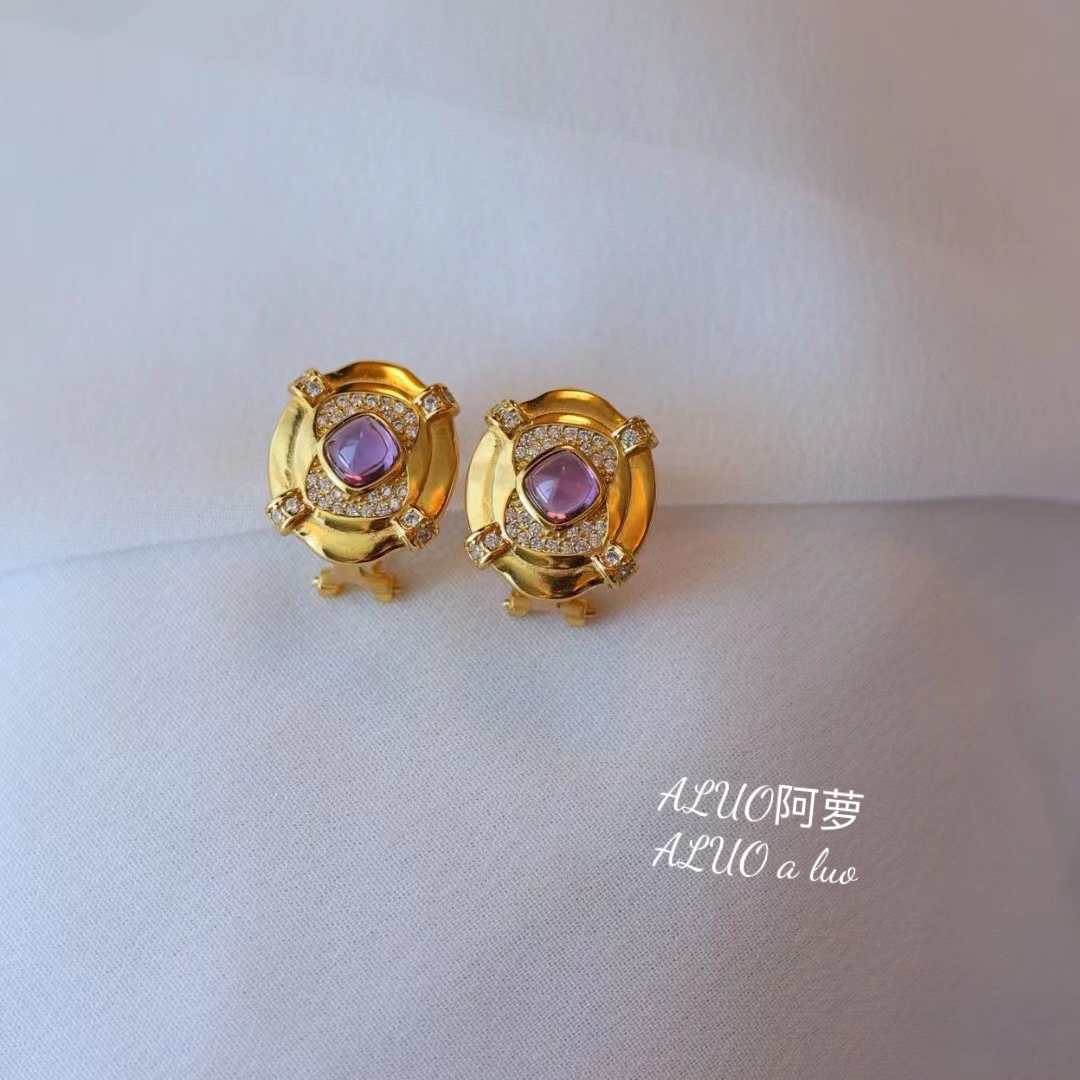 天然紫水晶小方糖耳扣纯银电镀18K金镶嵌耳钉耳饰原创设计款饰品