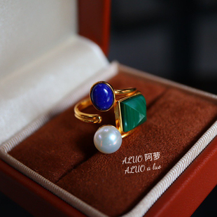 天然青金石孔雀石珍珠戒指原创设计款饰品纯银镶嵌女开口戒可调节