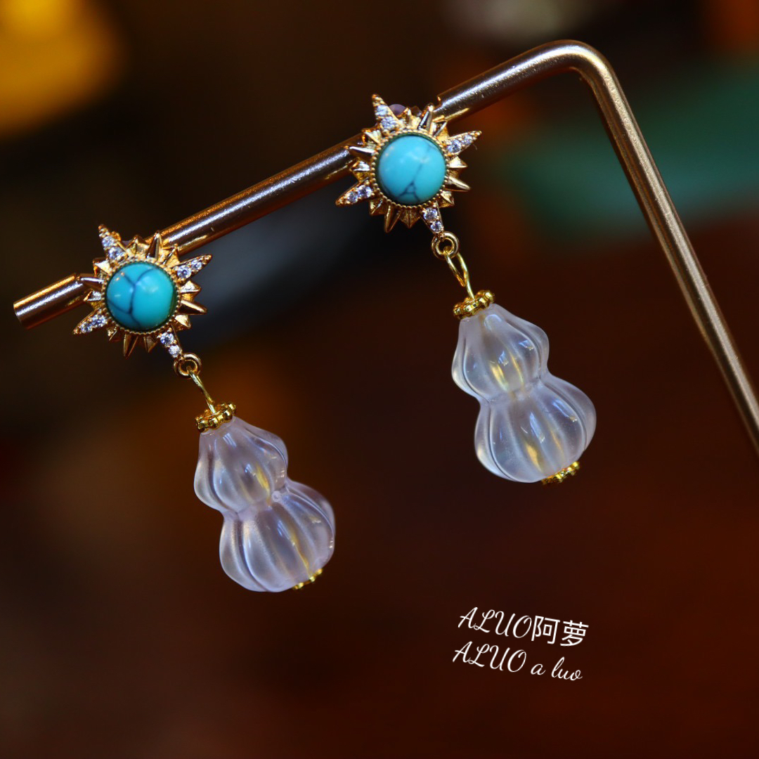 天然白水晶葫芦耳环s925银针原创设计耳饰耳坠绿松石搭配轻奢中式