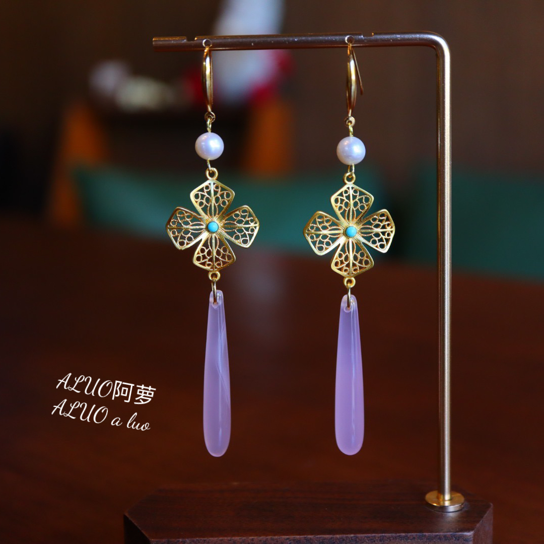 天然粉玉髓耳环淡水珍珠s925银镶嵌原创设计饰品女轻奢中式国风