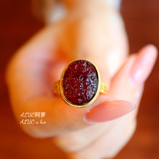 天然血珀戒指大黑天血珀麻花边通体s925银镀18K金圈口可调节饰品