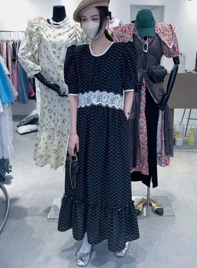 韩系日记2025夏季新款时尚气质蕾丝花边收腰波点连衣裙A21578现在