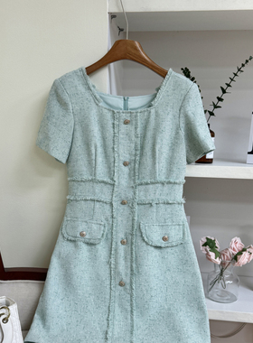 【现货】时尚洋气减龄高级感方领短袖连衣裙休闲百搭a字裙A75662