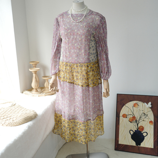 【现货】2025夏季新款真丝复古碎花拼色设计感圆领连衣裙女A00323