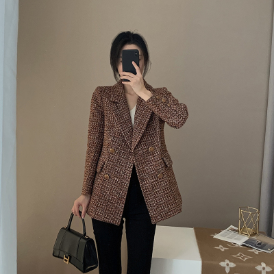 【现货秒发】毛呢西装外套女秋冬新款英伦风橘红色休闲气质上衣