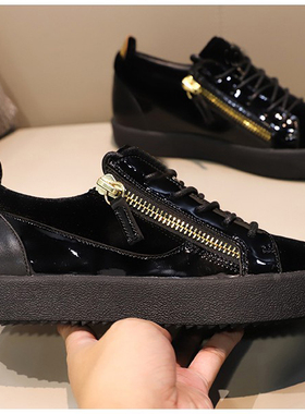 欧洲拉链AGZ男鞋低帮铁片鞋透气牛皮CL真皮平底魔术贴休闲板鞋