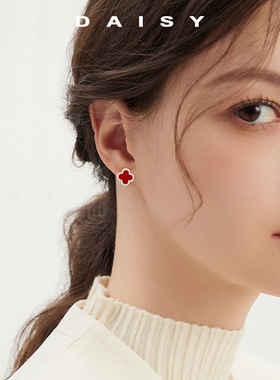 999纯银红色四叶草耳钉女小众高级感镶钻耳环养耳洞轻奢气质耳饰