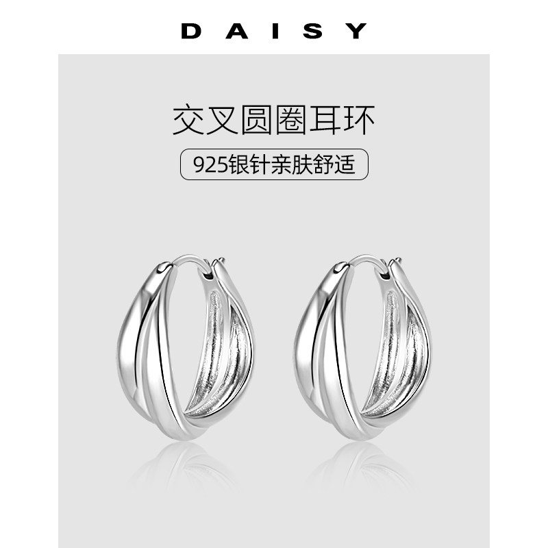 S925纯银针金色交叉圆圈耳环女大圆脸适合的耳圈小众高级感耳饰品