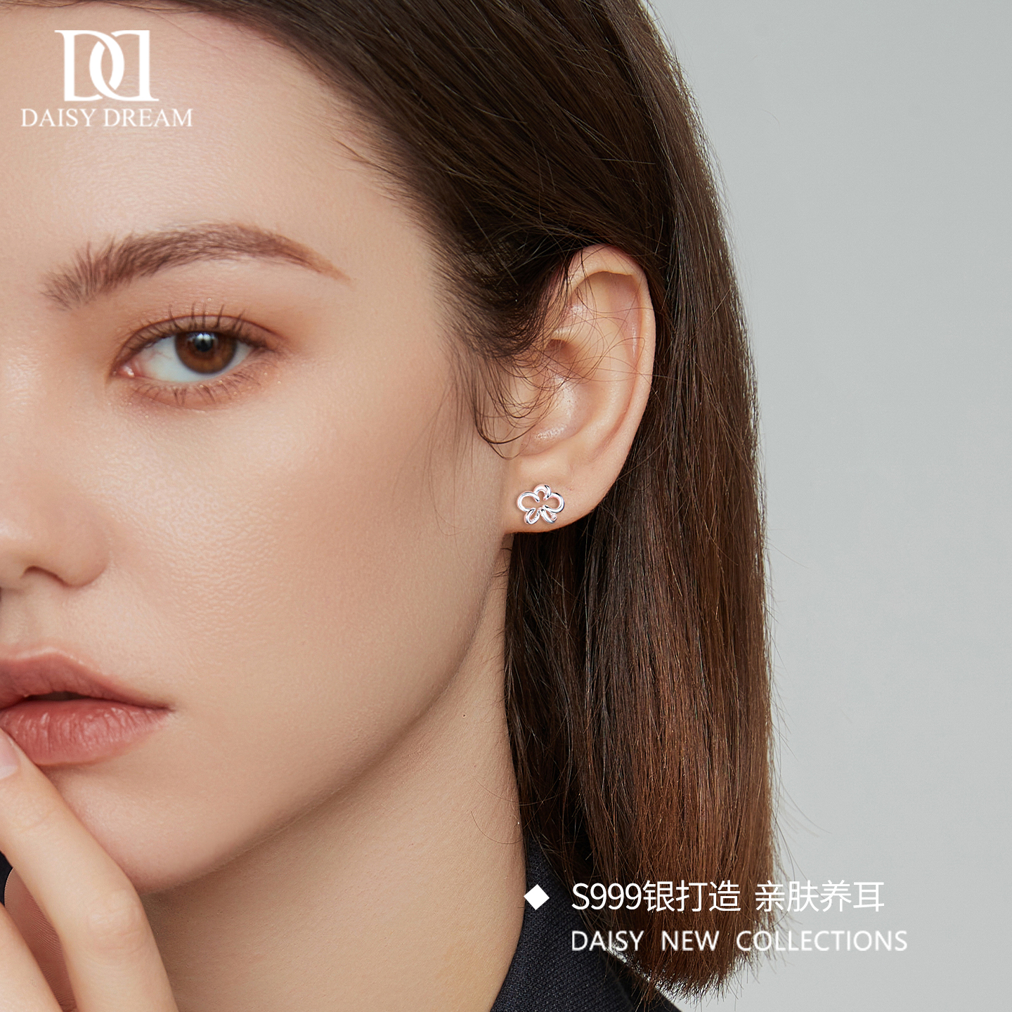 S999纯银线条花朵耳钉简约ins风
