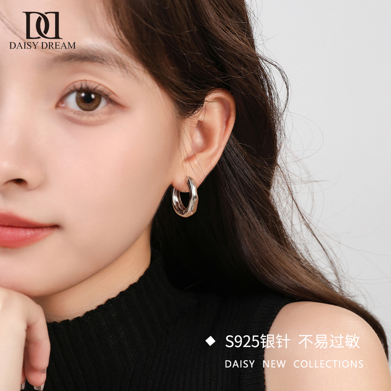 925纯银针潺流耳环女小众法式素圈耳钉2025新款耳圈高级气质耳饰