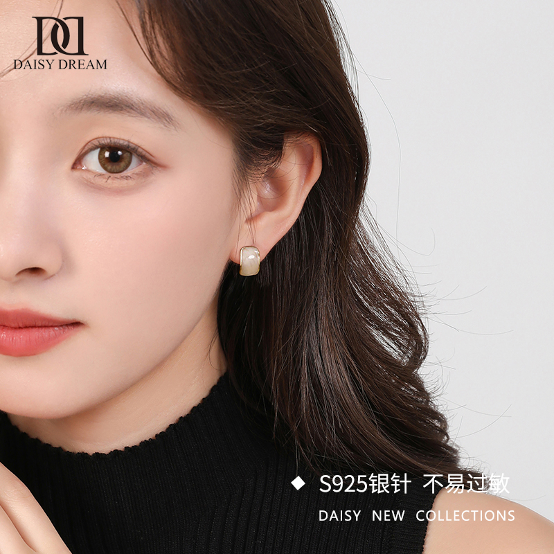 925银针方形滴釉耳钉女高级感复古小众耳环2025新款爆款气质耳饰