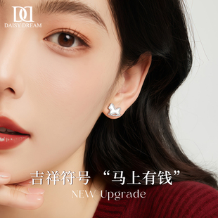 999纯银马上有钱耳钉女养耳洞小众设计不对称耳环新款本命年耳饰