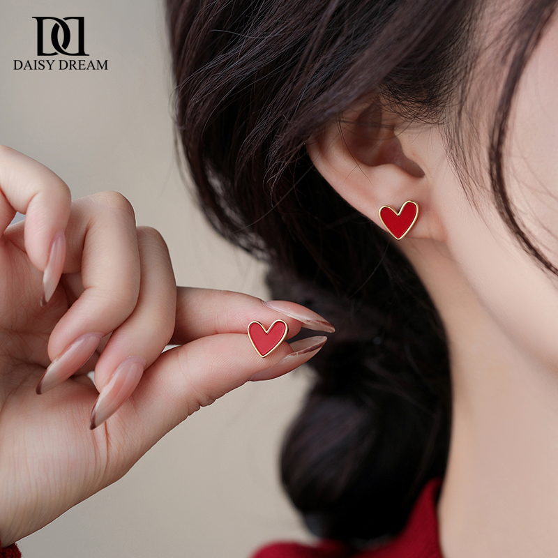 925纯银针红色爱心耳环