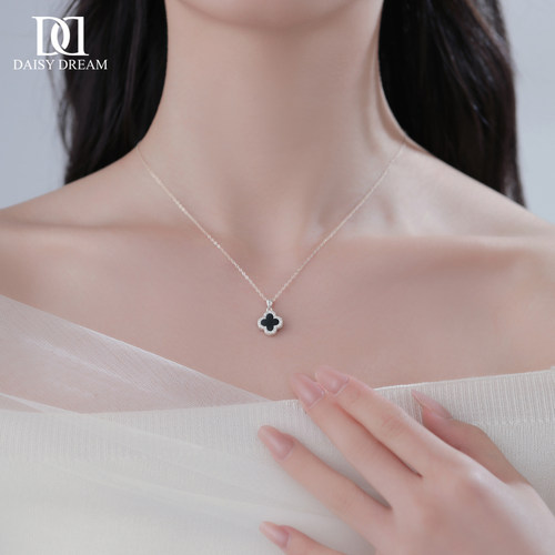 S925纯银黑色四叶草吊坠项链