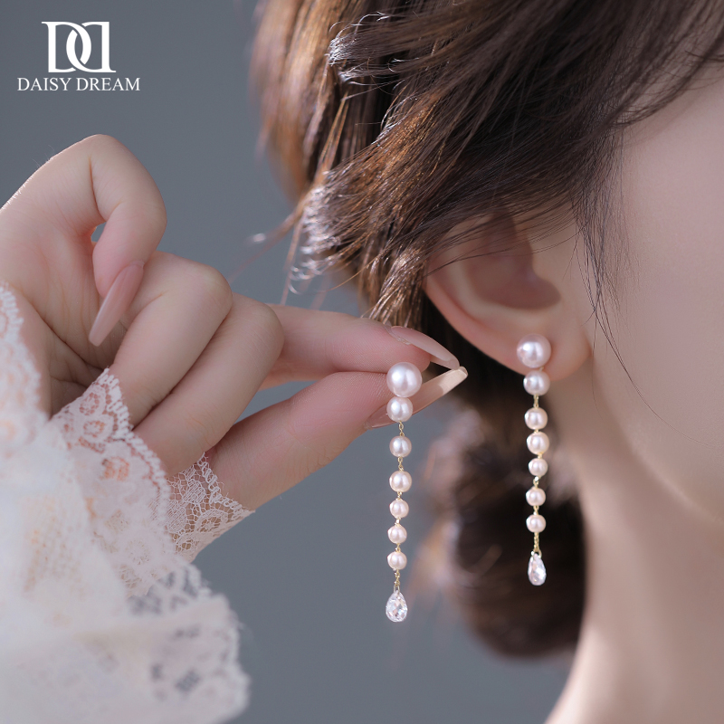 法式流苏珍珠耳环女款