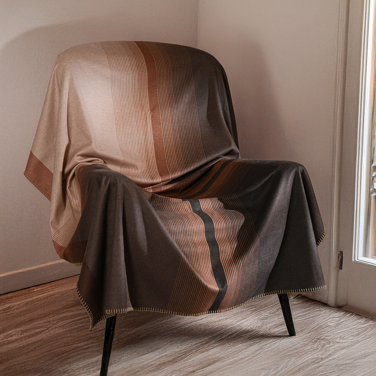 轻奢简约毛毯条格咖色毛呢绒毯