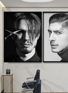 复古黑白男士油头发型挂画barbershop美发理发造型店装饰画美式画