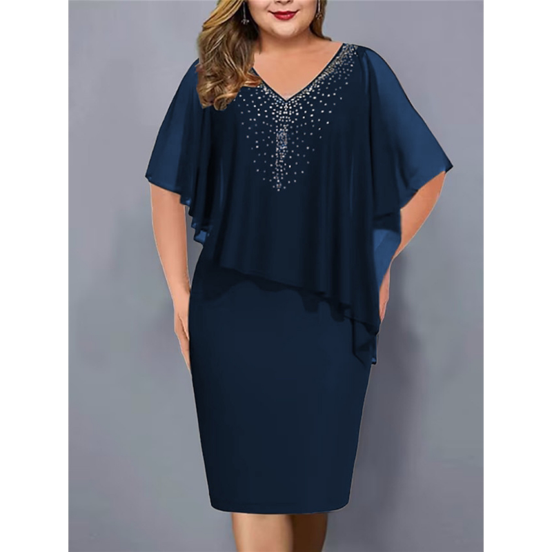S-5XL women dresses ladies skirt V领一步裙雪纺披肩烫钻女裙