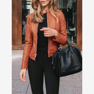 亚马逊欧美英伦风气质简约春秋女PU皮夹克修身立领机车皮衣小外套