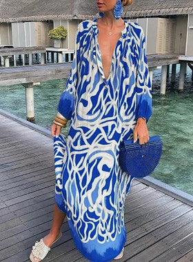Women's dress欧美度假沙滩连衣裙波西米亚大码长袖宽松衬衫长裙
