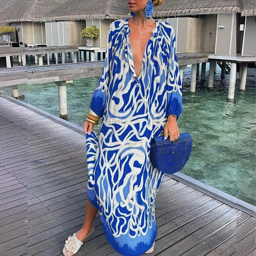 Women's dress欧美度假沙滩连衣裙波西米亚大码长袖宽松衬衫长裙