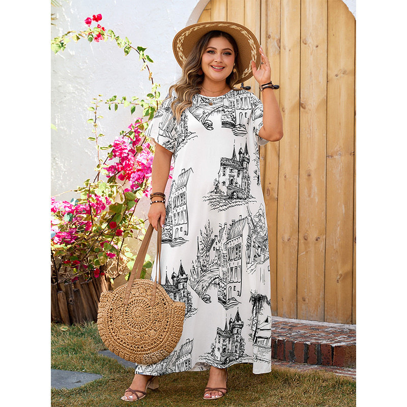 XL-4XL women dresses print ladies skirt 宽松加大码印花连衣裙