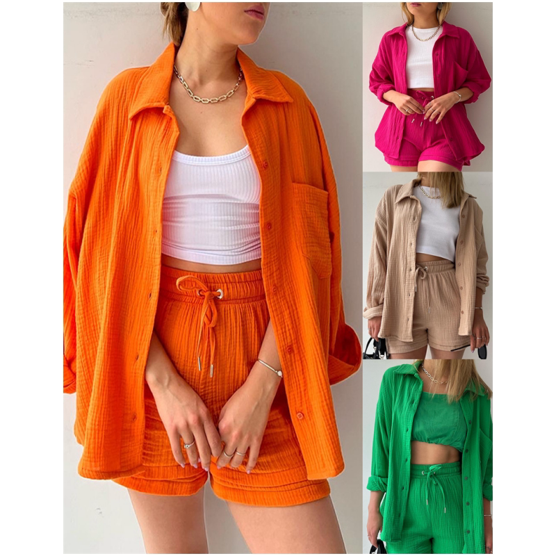 women blouse pants皱布翻领长袖衬衫高腰抽绳短裤休闲两件套装女