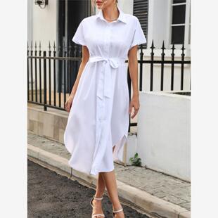 欧美气质简约夏季女收腰系带白色显瘦短袖连衣裙子中长款衬衫裙