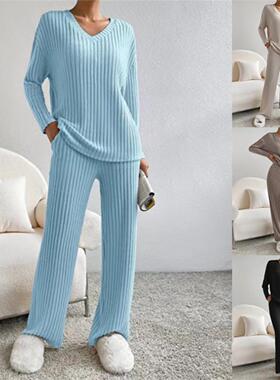 fashion women 2 set suit ladies tops pants坑条针织2件套装女