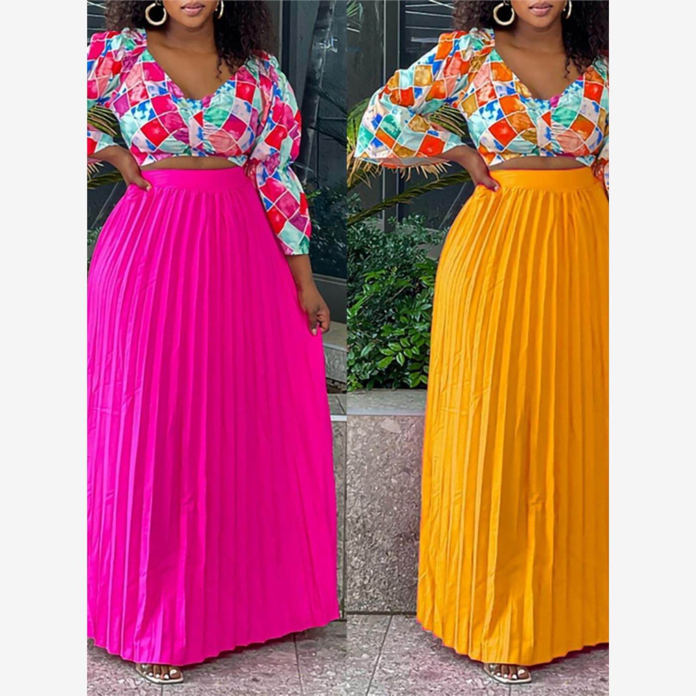 women tops skirt ladies dresses V领印花上衣百褶长裙两件套装