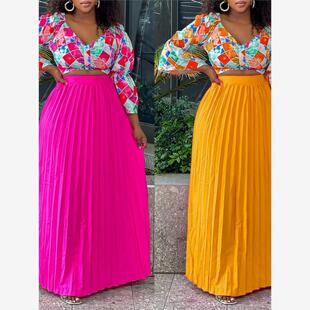 women tops skirt ladies dresses V领印花上衣百褶长裙两件套装