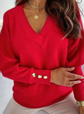欧美春秋女宽松纽扣长袖仿针织衫T恤Long sleeved T-shirt blouse