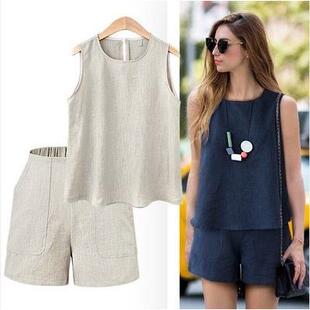 外贸特大码女装速卖通宽松文艺短款无袖气质亚麻背心短裤套装夏款