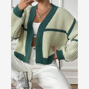 autumn winter women sweater ladies tops撞色短款休闲机织毛衣