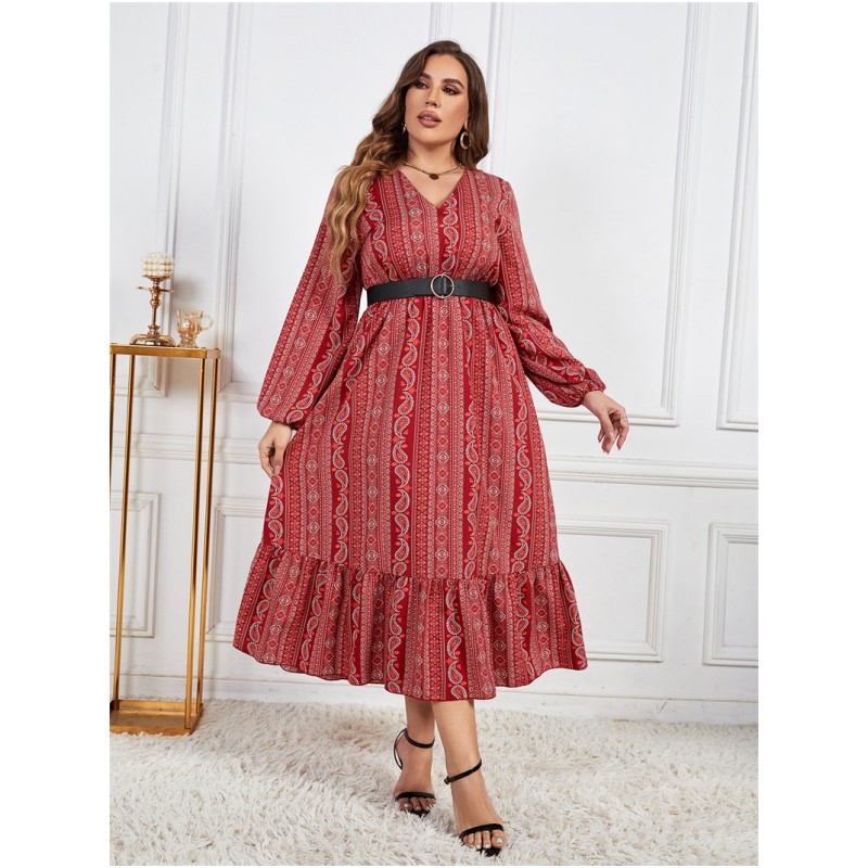 XL-4XL women dresses casual ladies skirt显瘦绑带V领长袖女裙