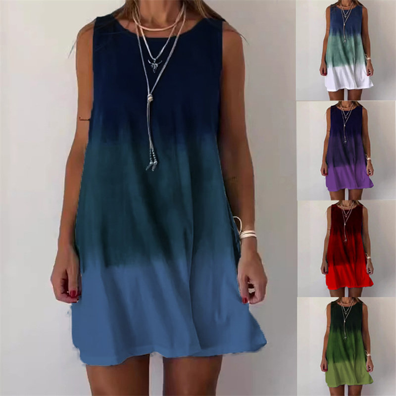 summer women dresses ladies vest skirt圆领渐变印花背心连衣裙图片