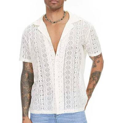 Men Lace Short Sleeves Transpare Shirt Summer Streetwear Top